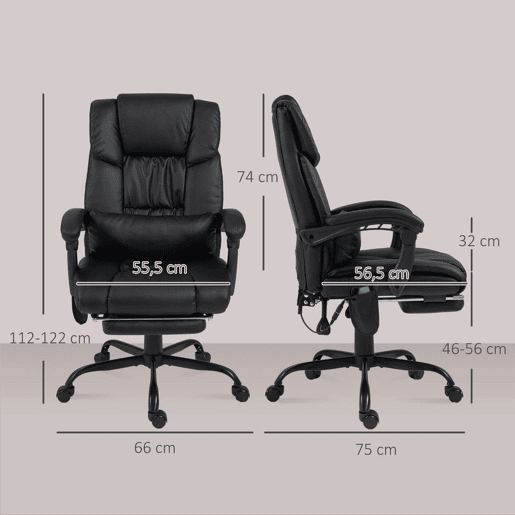 Vinsetto Cadeira de Escritório com Massagem de 6 Pontos Cadeira Giratória com Encosto Alto Reclinável Altura Ajustável Apoio para Pés e Controlo Remoto 66x75x112-122 cm Preto