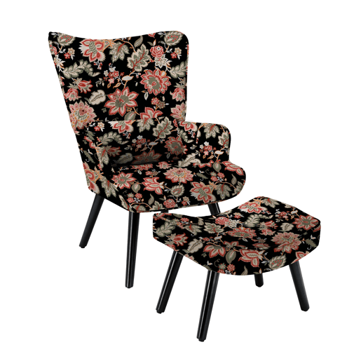 Sofá individual imitação de linho estampado floral com apoio para os pés