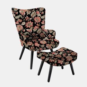 Sofá individual imitação de linho estampado floral com apoio para os pés