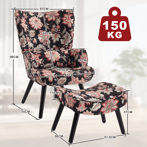 Sofá individual imitação de linho estampado floral com apoio para os pés