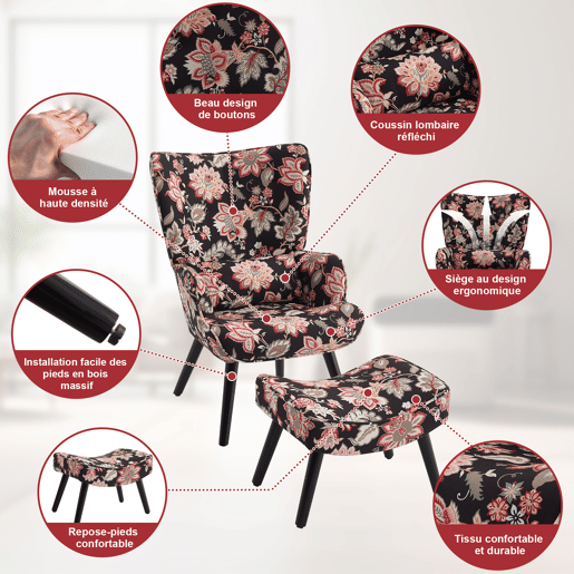 Sofá individual imitação de linho estampado floral com apoio para os pés