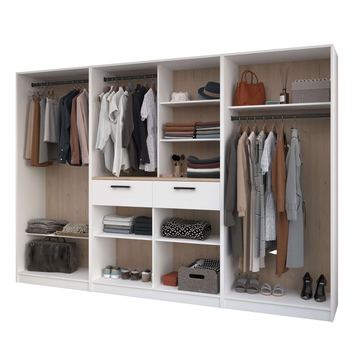 Vestidor abierto modular flexa dormitorio roble jakson y blanco 2 cajones, 6 estantes, 3 barras con o sin cortinas 286x200x50 cm