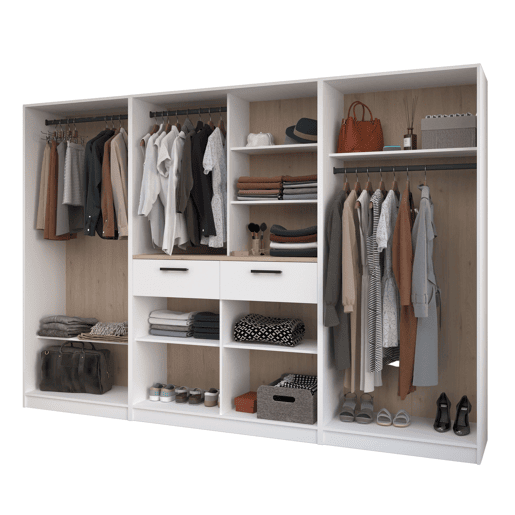 Armário Modular Flexa Open Room Jakson Carvalho e Branco 2 Gavetas, 6 Prateleiras, 3 Varões Sem Cortinas 286x200x50 cm