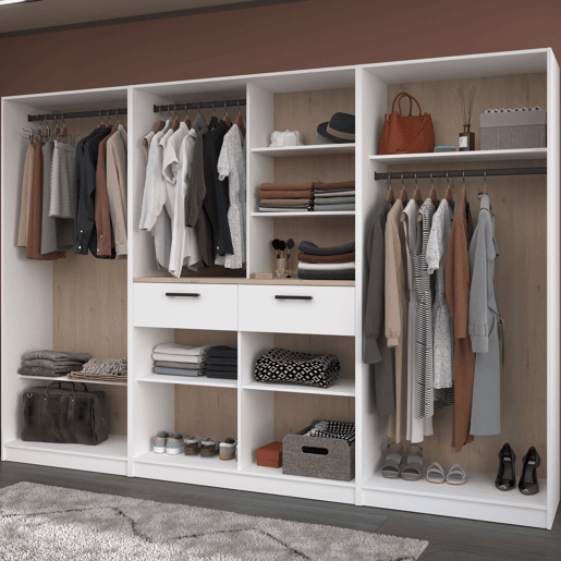 Armário Modular Flexa Open Room Jakson Carvalho e Branco 2 Gavetas, 6 Prateleiras, 3 Varões Sem Cortinas 286x200x50 cm
