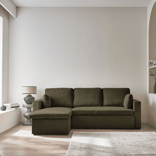 Sofá-cama de canto conversível de veludo canelado grosso de 3 lugares, Ida veludo canelado, Caqui, 219x84x68 cm