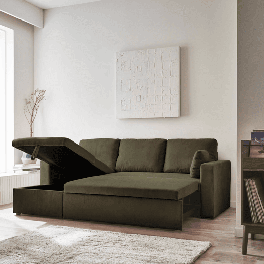 Sofá-cama de canto conversível de veludo canelado grosso de 3 lugares, Ida veludo canelado, Caqui, 219x84x68 cm