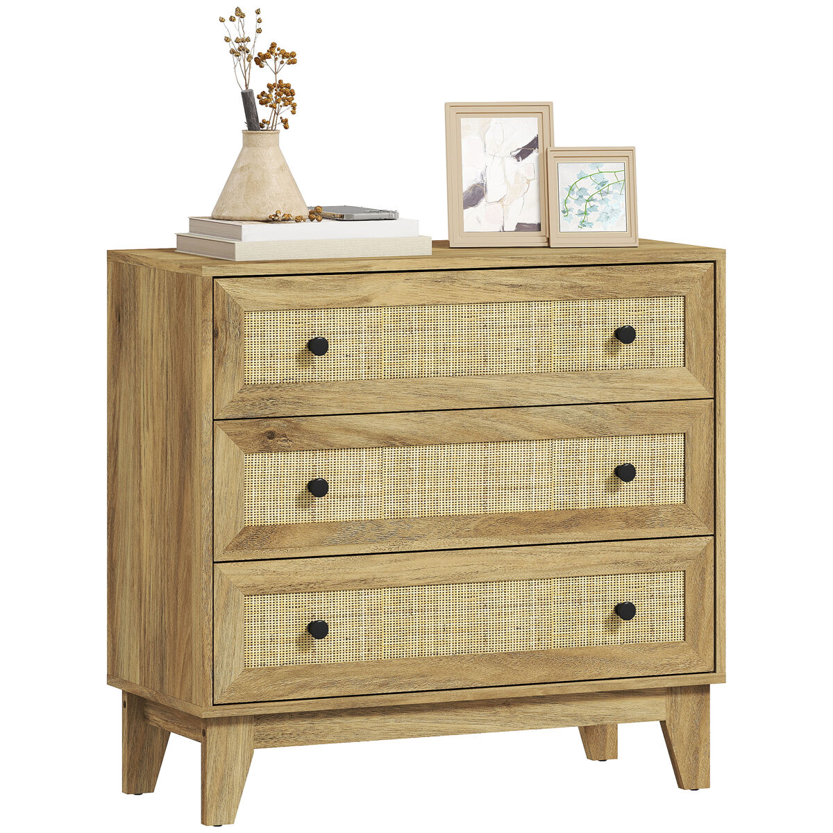 Homcom cómoda con 3 cajones cómoda dormitorio estrecha con frontales de ratán y patas elevadas cajonera para salón oficina 80x35x76 cm natural