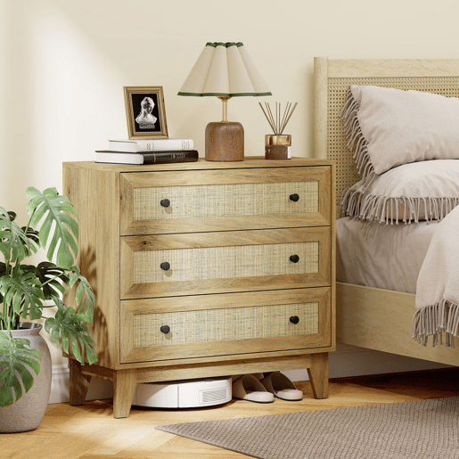 HOMCOM Cómoda com 3 Gavetas Cómoda de Madeira com Gavetas de Vime e Pés Elevados para Sala de Estar Dormitório Escritório 80x35x76 cm Madeira