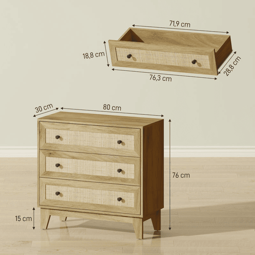 HOMCOM Cómoda com 3 Gavetas Cómoda de Madeira com Gavetas de Vime e Pés Elevados para Sala de Estar Dormitório Escritório 80x35x76 cm Madeira