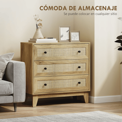 HOMCOM Cómoda com 3 Gavetas Cómoda de Madeira com Gavetas de Vime e Pés Elevados para Sala de Estar Dormitório Escritório 80x35x76 cm Madeira
