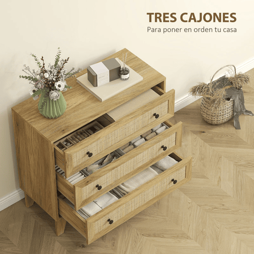 HOMCOM Cómoda com 3 Gavetas Cómoda de Madeira com Gavetas de Vime e Pés Elevados para Sala de Estar Dormitório Escritório 80x35x76 cm Madeira