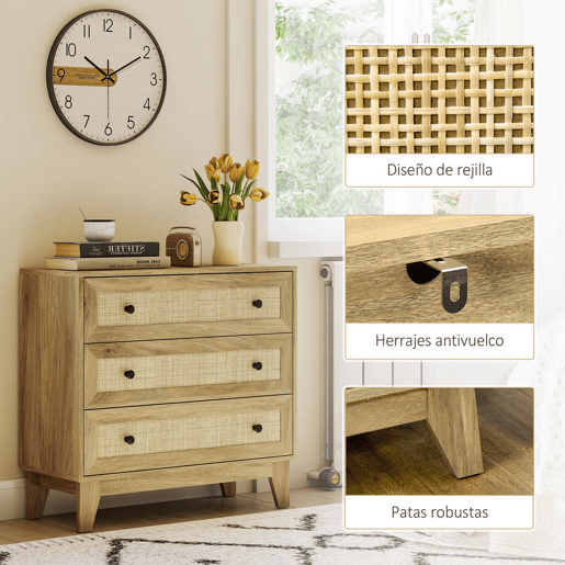 HOMCOM Cómoda com 3 Gavetas Cómoda de Madeira com Gavetas de Vime e Pés Elevados para Sala de Estar Dormitório Escritório 80x35x76 cm Madeira