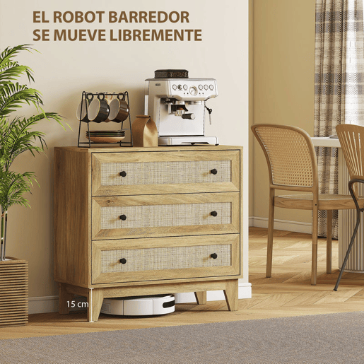 HOMCOM Cómoda com 3 Gavetas Cómoda de Madeira com Gavetas de Vime e Pés Elevados para Sala de Estar Dormitório Escritório 80x35x76 cm Madeira