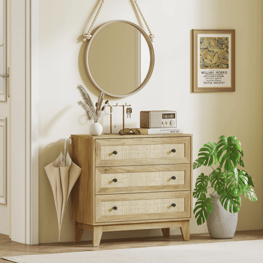 HOMCOM Cómoda com 3 Gavetas Cómoda de Madeira com Gavetas de Vime e Pés Elevados para Sala de Estar Dormitório Escritório 80x35x76 cm Madeira