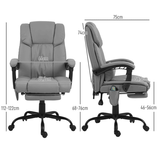 Vinsetto Cadeira de Escritório com Massagem de 6 Pontos Cadeira Giratória com Encosto Alto Reclinável Altura Ajustável Apoio para Pés e Controlo Remoto 66x75x112-122 cm Cinza