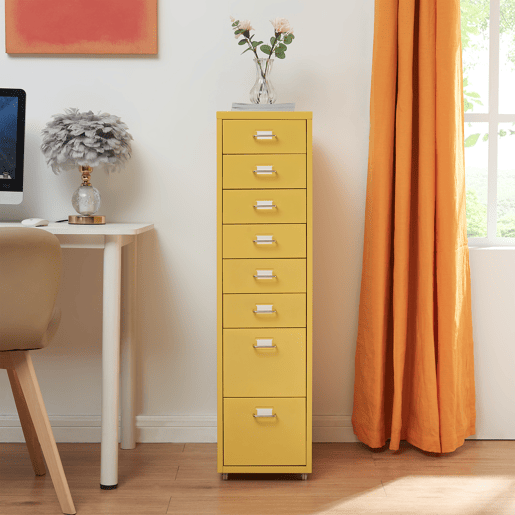 Armário de gavetas móvel Kökar com 8 gavetas 109x28x41 cm amarelo en.casa