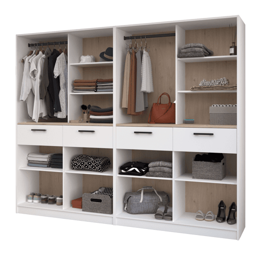 Quarto de vestir modular aberto Flexa em carvalho Jackson e branco fosco com 4 gavetas, 8 prateleiras, 2 varões sem cortinas 240x200 cm