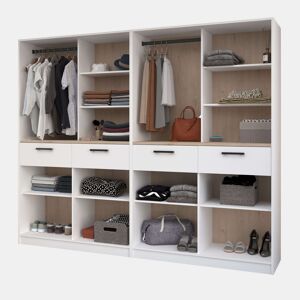 Quarto de vestir modular aberto Flexa em carvalho Jackson e branco fosco com 4 gavetas, 8 prateleiras, 2 varões sem cortinas 240x200 cm