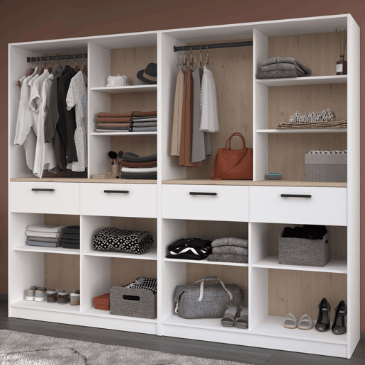 Quarto de vestir modular aberto Flexa em carvalho Jackson e branco fosco com 4 gavetas, 8 prateleiras, 2 varões sem cortinas 240x200 cm