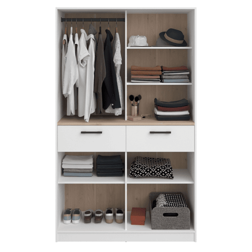Quarto de vestir modular aberto Flexa em carvalho Jackson e branco fosco com 4 gavetas, 8 prateleiras, 2 varões sem cortinas 240x200 cm