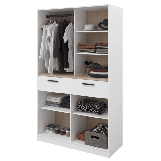 Quarto de vestir modular aberto Flexa em carvalho Jackson e branco fosco com 2 gavetas, 4 prateleiras e um bar 120x200 cm