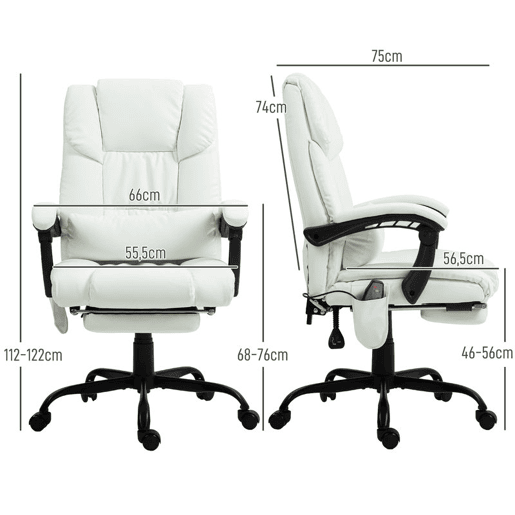 Vinsetto Cadeira de Escritório com Massagem de 6 Pontos Cadeira Giratória com Encosto Alto Reclinável Altura Ajustável Apoio para Pés e Controlo Remoto 66x75x112-122 cm Branco
