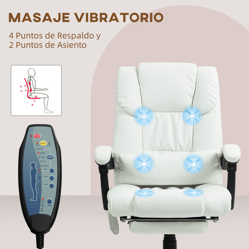 Vinsetto Cadeira de Escritório com Massagem de 6 Pontos Cadeira Giratória com Encosto Alto Reclinável Altura Ajustável Apoio para Pés e Controlo Remoto 66x75x112-122 cm Branco