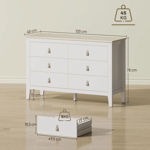 HOMCOM Cómoda de 6 Gavetas Cómoda para Dormitório com Puxadores de PU Cómoda para Sala de Estar Corredor 120x40x78 cm Branco