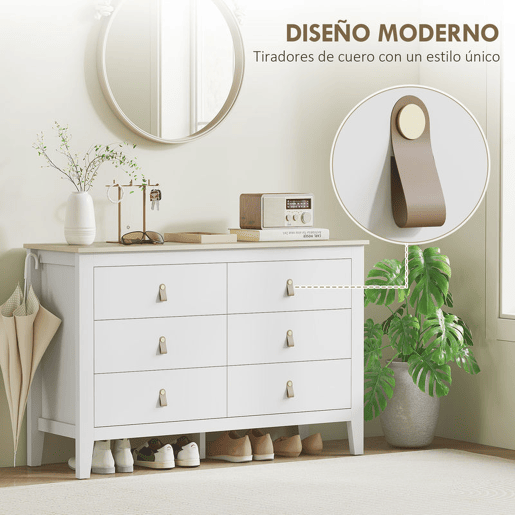 HOMCOM Cómoda de 6 Gavetas Cómoda para Dormitório com Puxadores de PU Cómoda para Sala de Estar Corredor 120x40x78 cm Branco