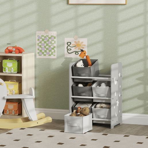 AIYPLAY Estante para Brinquedos com 6 Caixas de Tecido não Tecido Amovíveis Organizador de Brinquedos para Dormitório Escola Infantil 43x30x60 cm Cinza