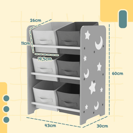 AIYPLAY Estante para Brinquedos com 6 Caixas de Tecido não Tecido Amovíveis Organizador de Brinquedos para Dormitório Escola Infantil 43x30x60 cm Cinza