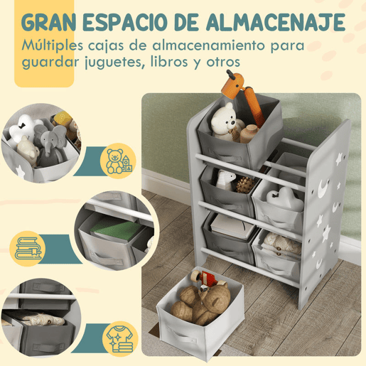 AIYPLAY Estante para Brinquedos com 6 Caixas de Tecido não Tecido Amovíveis Organizador de Brinquedos para Dormitório Escola Infantil 43x30x60 cm Cinza