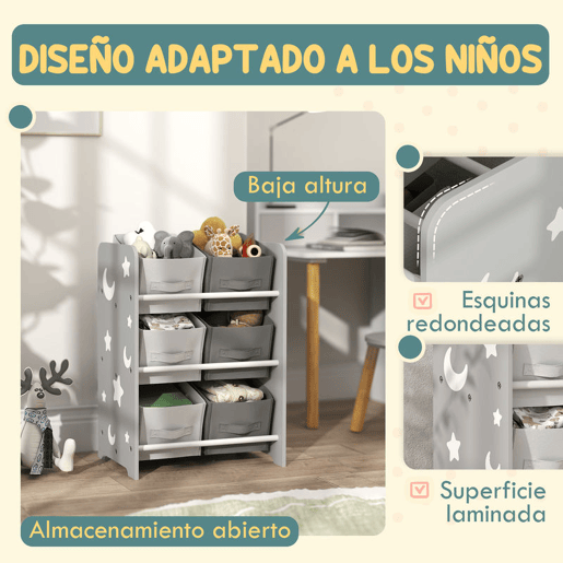 AIYPLAY Estante para Brinquedos com 6 Caixas de Tecido não Tecido Amovíveis Organizador de Brinquedos para Dormitório Escola Infantil 43x30x60 cm Cinza