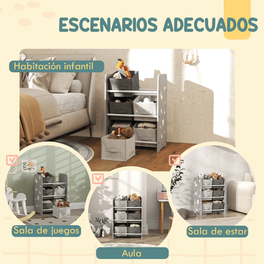 AIYPLAY Estante para Brinquedos com 6 Caixas de Tecido não Tecido Amovíveis Organizador de Brinquedos para Dormitório Escola Infantil 43x30x60 cm Cinza