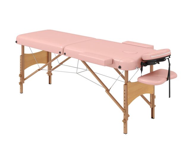Homcom camilla de masaje plegable 210x81 cm camilla estética profesional con reposacabezas extraíble 2 zonas asa y marco de madera con altura regulable y bolsa de transporte rosa