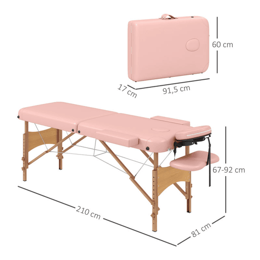 HOMCOM Marquesa de Massagem Dobrável Marquesa com Altura Ajustável 64-88 cm Desenho Ergonómico para Utilização Profissional Fácil de Transportar 185x60 cm Rosa