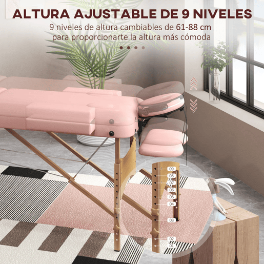 HOMCOM Marquesa de Massagem Dobrável Marquesa com Altura Ajustável 64-88 cm Desenho Ergonómico para Utilização Profissional Fácil de Transportar 185x60 cm Rosa