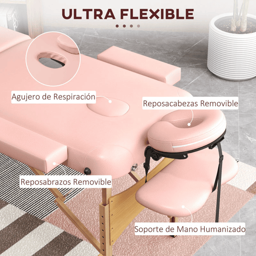 HOMCOM Marquesa de Massagem Dobrável Marquesa com Altura Ajustável 64-88 cm Desenho Ergonómico para Utilização Profissional Fácil de Transportar 185x60 cm Rosa