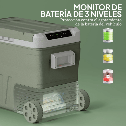 Outsunny Geleira Portátil Elétrica 45L Geleira de Carro -20? a +20? 12V24V Mini Geleira com Rodas Compressor e Ecrã LED Tátil para Casa Campismo Viagens Automóvel 64,5x43,5x53 cm Verde