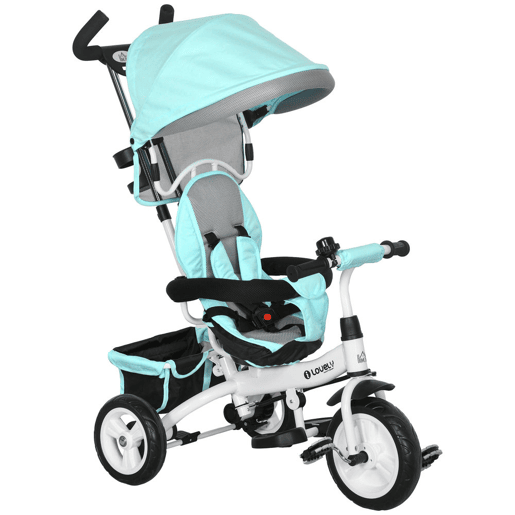 HOMCOM Triciclo para Bebés 2 em 1 Triciclo Evolutivo para Crianças de +12 Meses com Toldo Dobrável Guiador Telescópico e Removível Cinto de Segurança e Cesto 95x50x106 cm Verde Mint