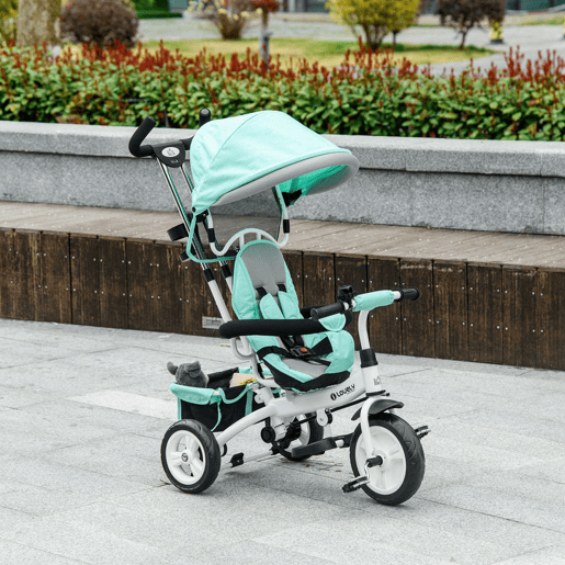 HOMCOM Triciclo para Bebés 2 em 1 Triciclo Evolutivo para Crianças de +12 Meses com Toldo Dobrável Guiador Telescópico e Removível Cinto de Segurança e Cesto 95x50x106 cm Verde Mint