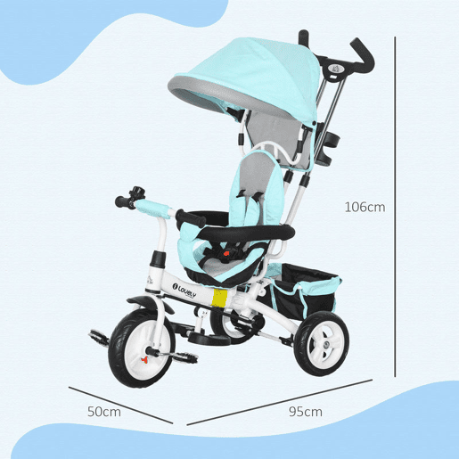 HOMCOM Triciclo para Bebés 2 em 1 Triciclo Evolutivo para Crianças de +12 Meses com Toldo Dobrável Guiador Telescópico e Removível Cinto de Segurança e Cesto 95x50x106 cm Verde Mint
