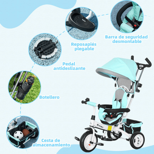 HOMCOM Triciclo para Bebés 2 em 1 Triciclo Evolutivo para Crianças de +12 Meses com Toldo Dobrável Guiador Telescópico e Removível Cinto de Segurança e Cesto 95x50x106 cm Verde Mint