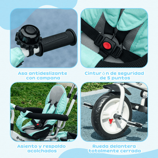 HOMCOM Triciclo para Bebés 2 em 1 Triciclo Evolutivo para Crianças de +12 Meses com Toldo Dobrável Guiador Telescópico e Removível Cinto de Segurança e Cesto 95x50x106 cm Verde Mint