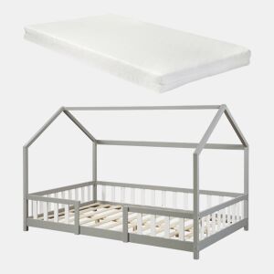 Cama de criança Sisimiut forma de casa pinho + colchão 120x200 cm - Cinza en.casaneu.haus.