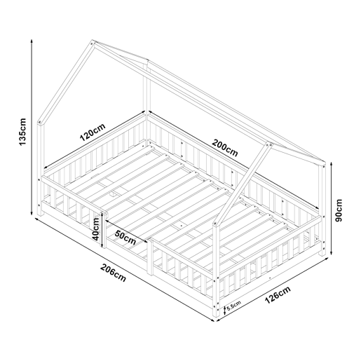 Cama de criança Sisimiut forma de casa pinho + colchão 120x200 cm - Cinza en.casaneu.haus.