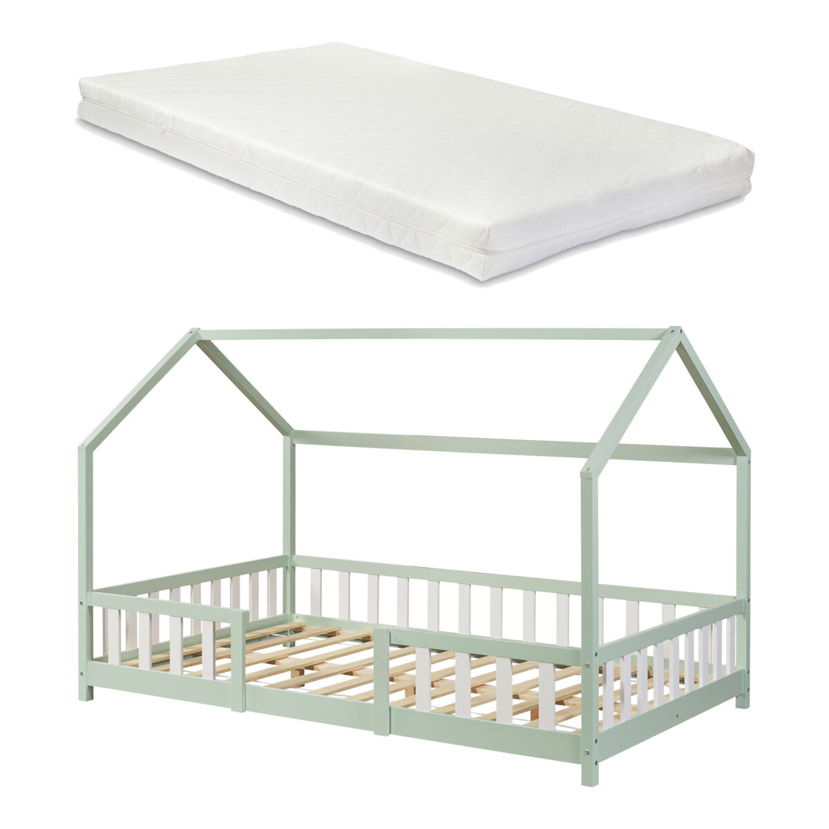Cama para niños Sisimiut forma de casa con colchón 206x126 Verde
