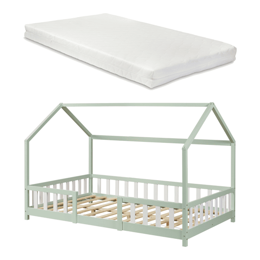 Cama de criança Sisimiut forma de casa pinho + colchão 120x200 cm - Verde en.casaneu.haus.