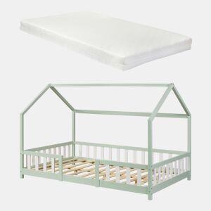 Cama de criança Sisimiut forma de casa pinho + colchão 120x200 cm - Verde en.casaneu.haus.