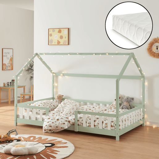 Cama de criança Sisimiut forma de casa pinho + colchão 120x200 cm - Verde en.casaneu.haus.